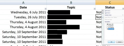 As you can see in this screenshot, I've filtered the spreadsheet to show me topics which have a 'Not Written' in the Status column