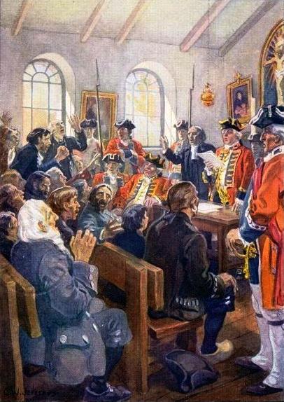 Deportation of Acadians order, Reading the Order of expulsion to the Acadians in the parish Church at Grand-Pré, in 1755, painting by Charles William Jefferies (1923), Public Domain via Wikimedia Commons.
