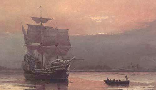 "Mayflower in Plymouth Harbor" - by William Halsall (1882)