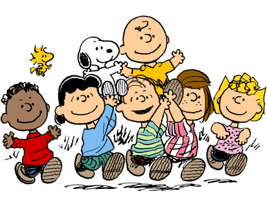 Top:  Woodstock, Snoopy, Charlie Brown Bottom:  Franklin, Lucy van Pelt, Linus van Pelt, Peppermint Patty, Sally Brown