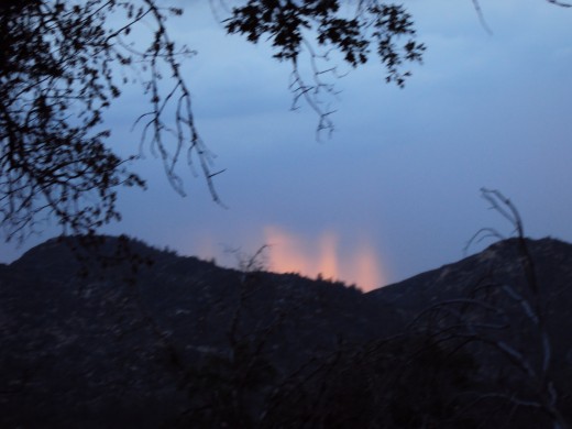 Rays of pink light visible at sunset up in the San Bernardino Mountains.