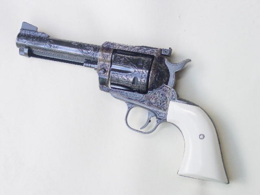 Aftermarket, customized, single-action Ruger Blackhawk revolver. By the standards of the 21st Century, it's not the very best choice for home defense. However it's quite good for ordinary target shooting, and for the sport of Cowboy Action Shooting.