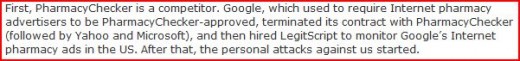 Excerpt of Legitscript's response to Pharmacychecker's allegations