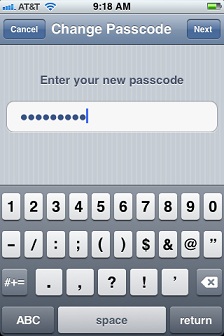 Enter your old passcode and then you can enter an alphnumeric passcode using the full keyboard.