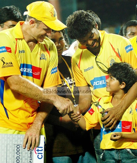 Vijay and his son in Chennai Super Kings Cricket Match