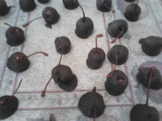 Chocolate covered cherries, after being chilled for about 20 minutes.