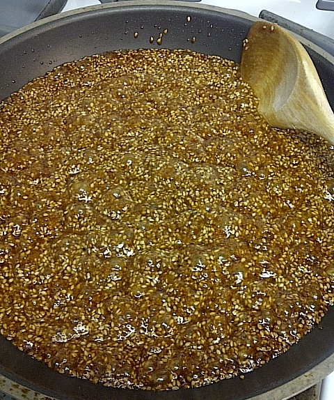 Sesame, sugar and butter melting in the pan, ready to add the vanilla