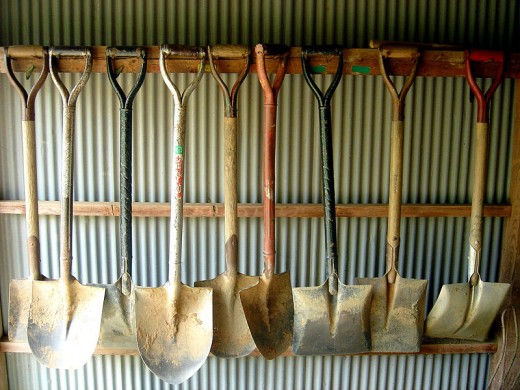 A collection of dirty spades and shovels.