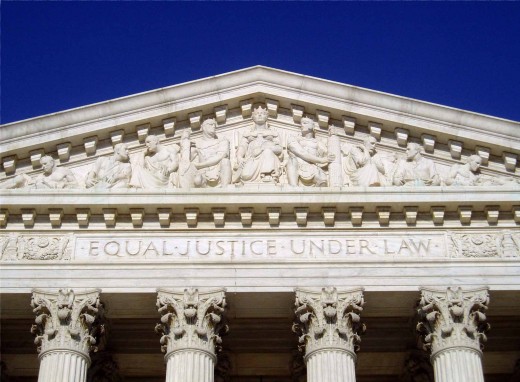 The inscription Equal Justice Under Law as seen on the frieze of the United States Supreme Court building
