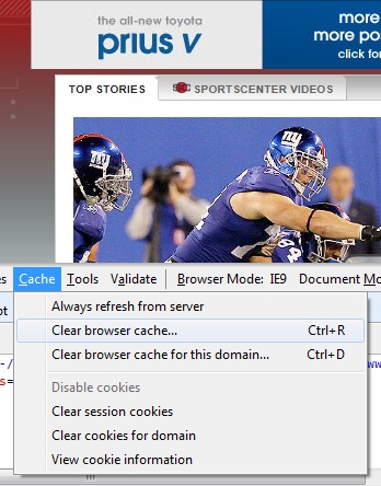 The Cache drop-down menu in the Developer Tools section of Internet Explorer.