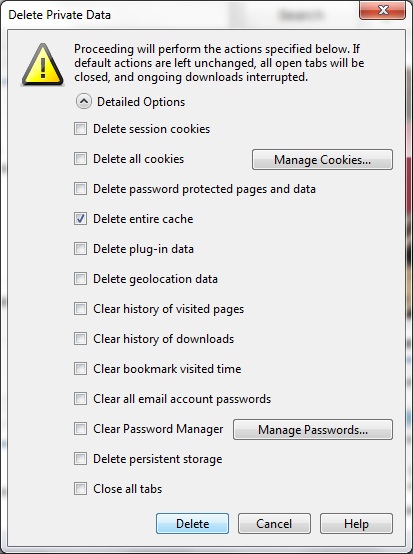 The Delete Private Data dialog box in Opera.