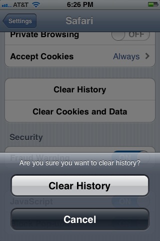 The Clear History and Clear Cookies and Data buttons on the iPhone.