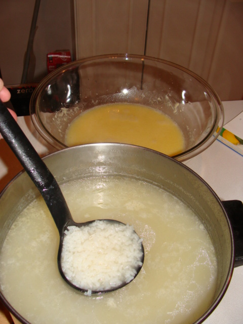 Rice and broth are cooked and ready to add the lemon sauce.