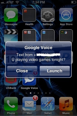 Set your iPhone up so that text messages to your Google Voice phone number are displayed in an alert bubble.