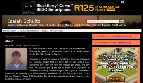 This is a screenshot of the about page of isaiahschultz.co.za