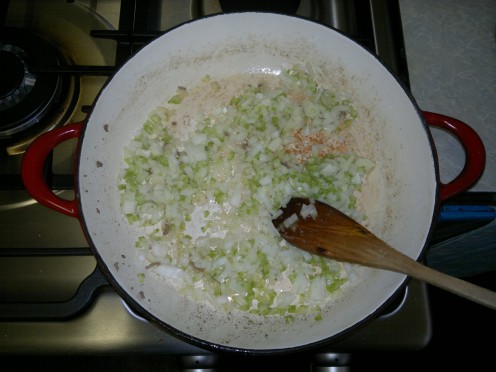 Cook the onion and celery.