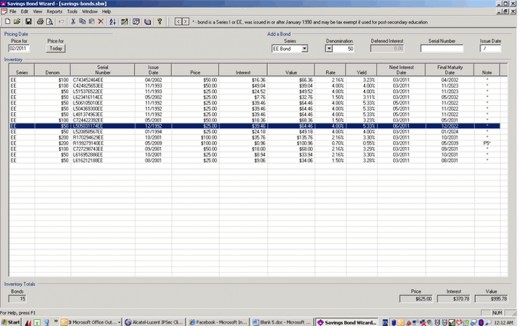 Screen shot of 15 Savings Bond records.