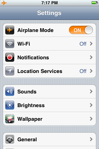 This is what your Settings screen will look like after enabling Airplane Mode.