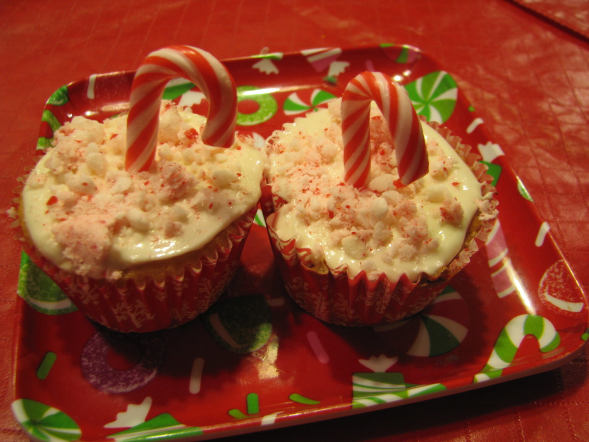 White Chocolate Candy Cane Cupcakes (coat with melted white chocolate, sprinkle on crushed candy canes and then stick a small candy cane on top--easy and my husband loves these!).