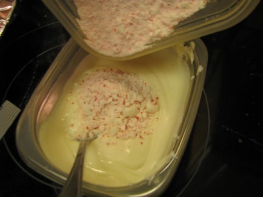 Step 6:  Pour in about 1/3 cup crushed peppermints.  You can add more or less to taste.