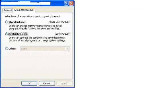 The User Accounts dialog box in Windows XP Professional.