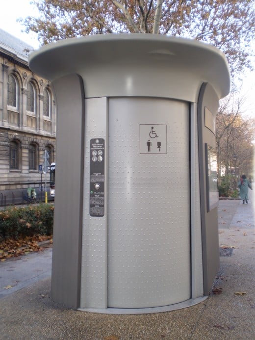There are many public toilets such as this one around Paris. They are free and will automatically clean itself after each use.