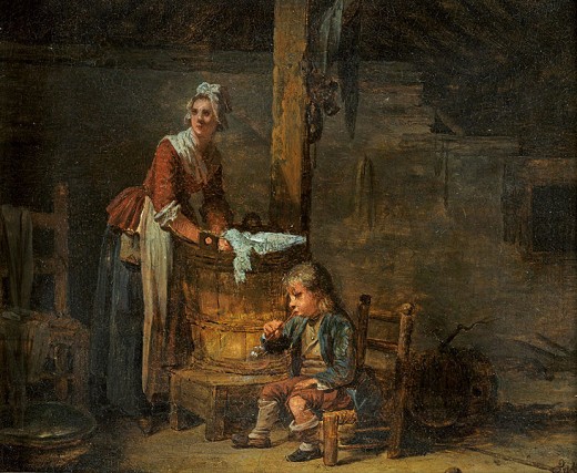 A woman doing laundry the old fashioned way. Thank god for modern times!