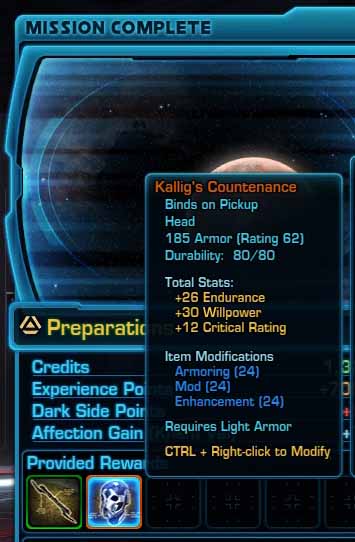 SWTOR Kallig's Mask Stats - the rewards of defeating Lord Khreusis