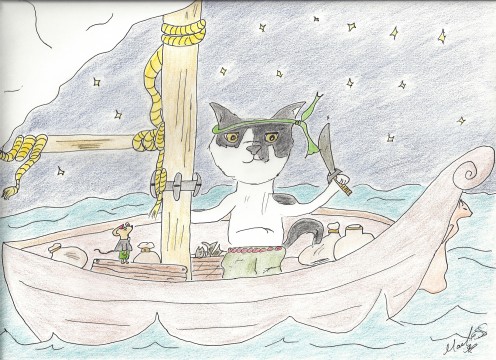 Munchkin on his boat.  Artwork by Marilyn Santis Rojas.