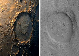 Smiley face craters on Mars