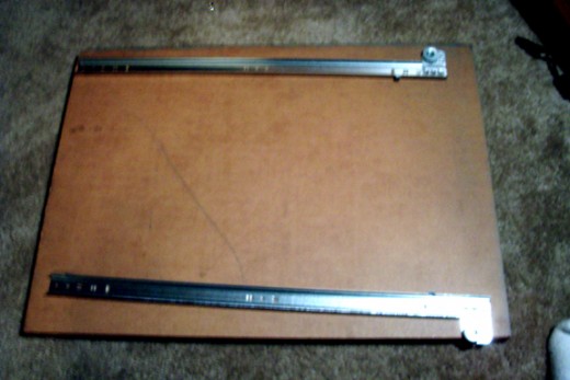 Measure the shelf size by the depth of the compartment and the width between the slides when mounted in the rail guides.
