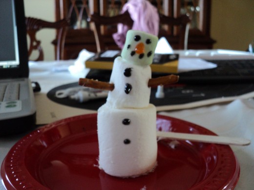 Take two small pretzel sticks and insert them on each side of the regular sized marshmallow to make the arms of the snowman.