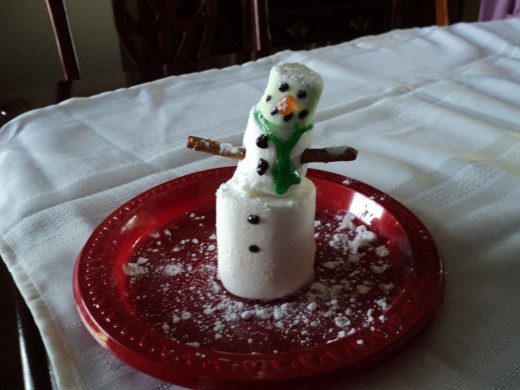 Sprinkle finished snowman with a light dusting of powdered sugar to make it look like freshly fallen snow.