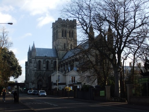 The Roman Catholic Cathedral on Earlham Road in Norwich's Golden Triangle. In the forefront is part of the Beeches Hotel