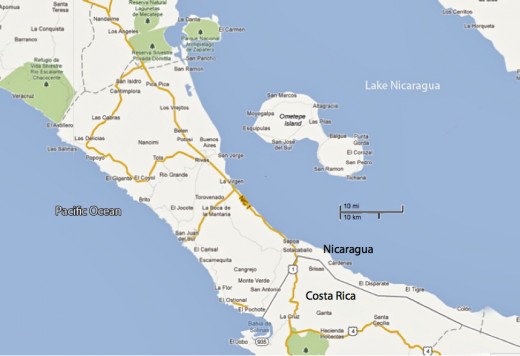 Ometepe Island is in the southwest corner of Lake Nicaragua, near the border with Costa Rica.