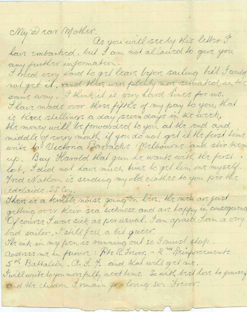 Original letter written by Reginald Trevor about his embarkation to World War One.