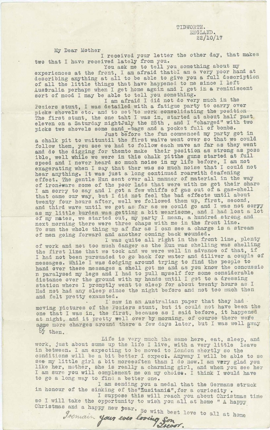 22 Oct 1917: Wounded In The Battle Of Pozières - The Somme: Ww1 Letter 