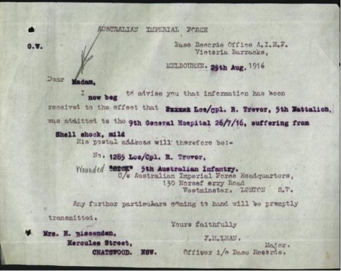 More information sent by the Victoria Barracks in Melbourne to his mother about his condition (shell shock). 