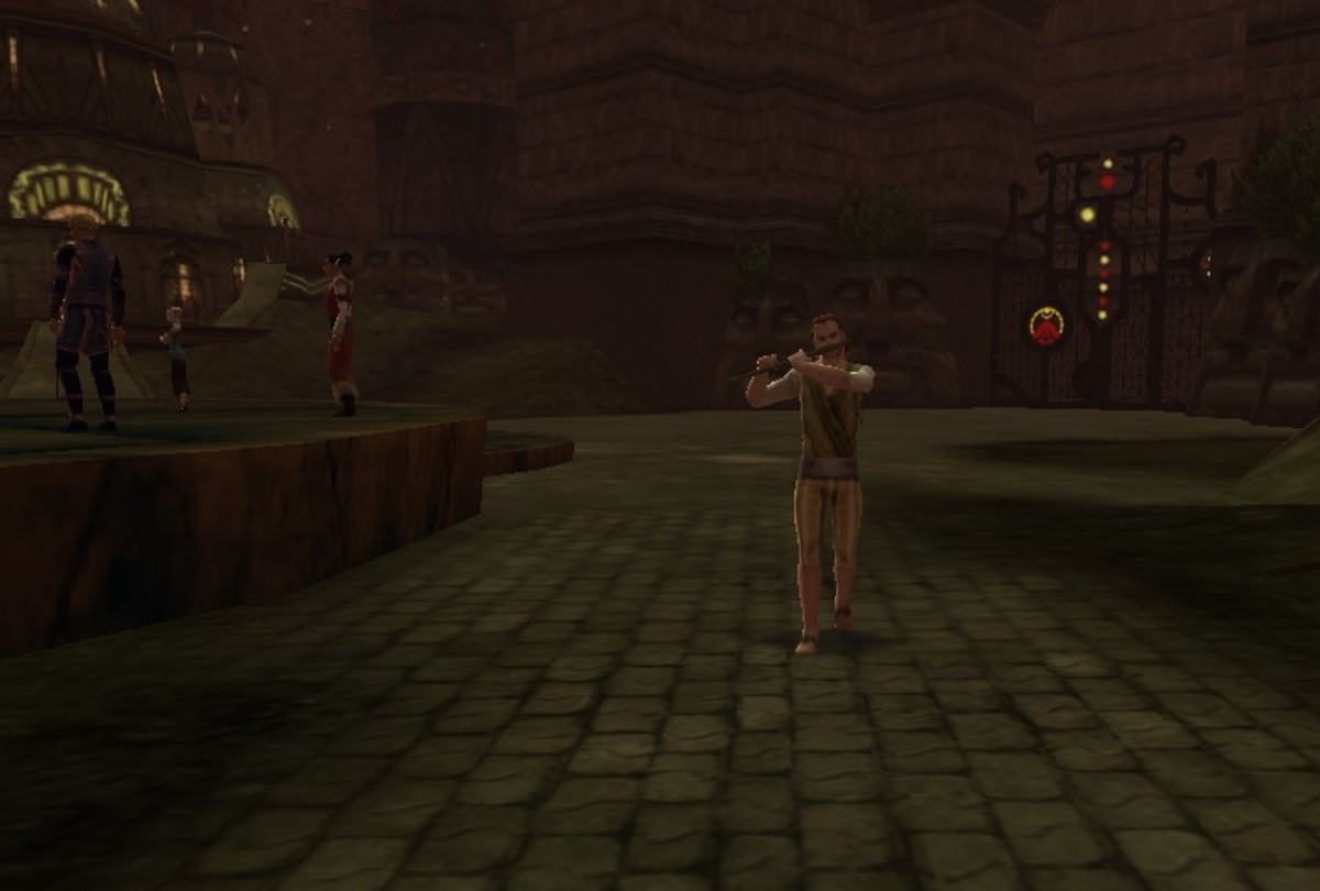 House Phiarlan piper walks the paved streets near the gate between Stormreach Marketplace and House P.