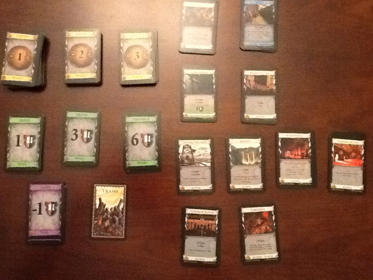 A table set for a game of Dominion