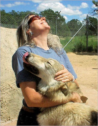 Jane Lindskold with a wolf.  Or Wolf with a Jane Lindskold.