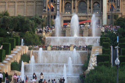 Magic Fountain of Montjuic at Daytime, people waiting for the magic Fountain Show, Barcelona, Spain