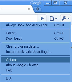 Selecting "Options" from "Customize and control Chromium" 