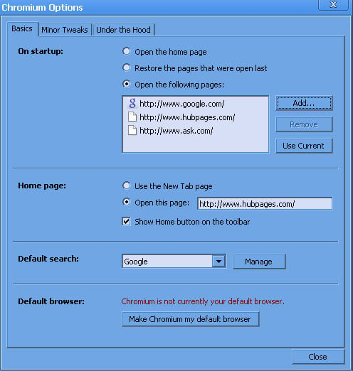 Settings for multiple page opening at start up time