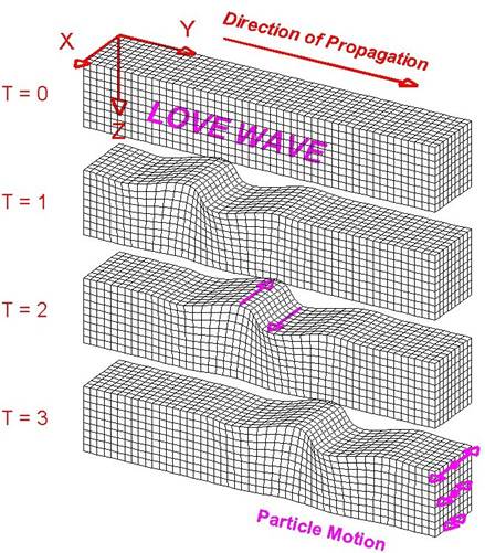 FIG 3 - A LOVE WAVE TRAVELS THROUGH A MEDIUM. PARTICLES ARE REPRESENTED BY CUBES IN THIS MODEL. IMAGE ©2000-2006 LAWRENCE BRAILE