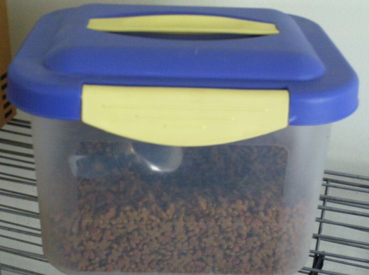 Pet food in a storage bin.