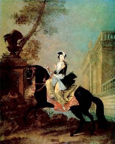 It is said that Catherine rode side saddle to show off her shapely legs.    [Georg Christoph Grooth (1716-49). Equestrian portrait of Grand Duchess, Catherine the Great]