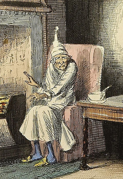 Ebeneezer Scrooge in his nightcap and nightgown