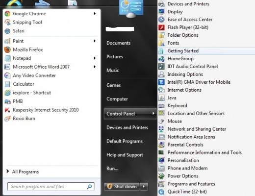 The Control Panel displayed as a menu.