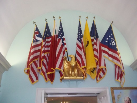 Flags over the entrance of the chapel at Valley Forge Military Academy 